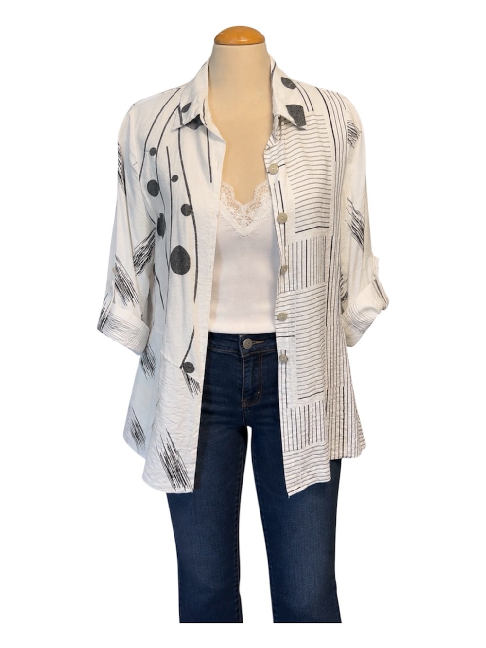 MINKAS Button-Front Tunic Blouse Artsy Art to Wear Size XL White & Black